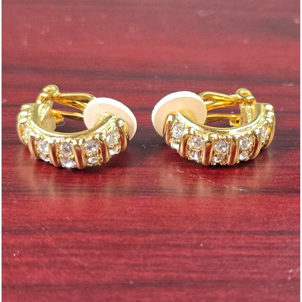 Vintage Swarovski Gold Tone Crystal Clip On Hoop Earrings
